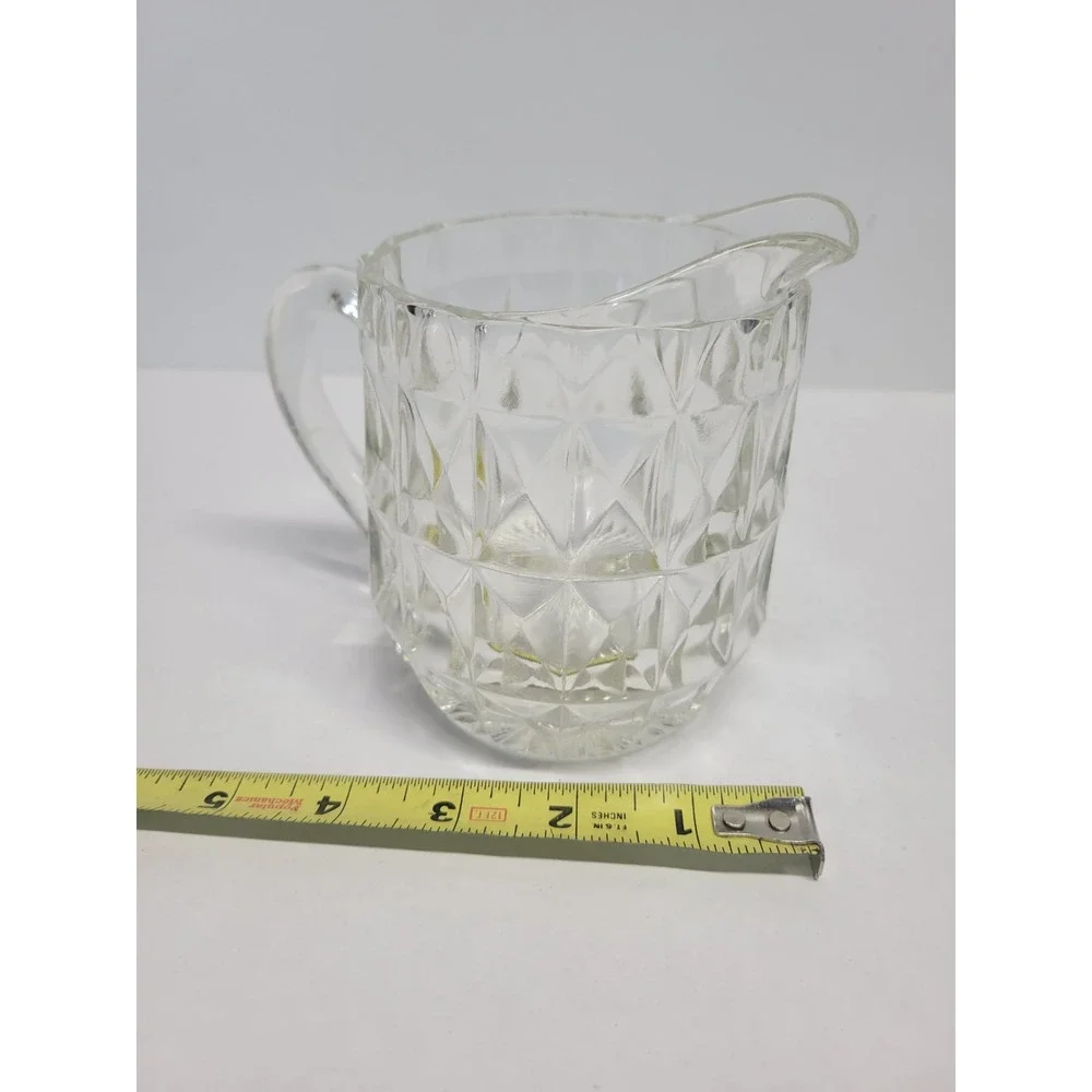 Vintage Clear Pressed Glass Diamond Point Creamer Pitcher‎ Small Milk Jug 4.5in